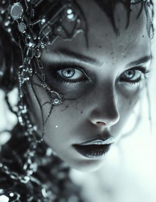 The primary subject of the image is a woman with a unique and intricate hairstyle. She has a silver and black hairdo, which adds to the visual style of the photo. The setting appears to be a dark room, which contributes to the overall mood of the image. The woman's makeup and hairstyle give her a mysterious and captivating appearance.